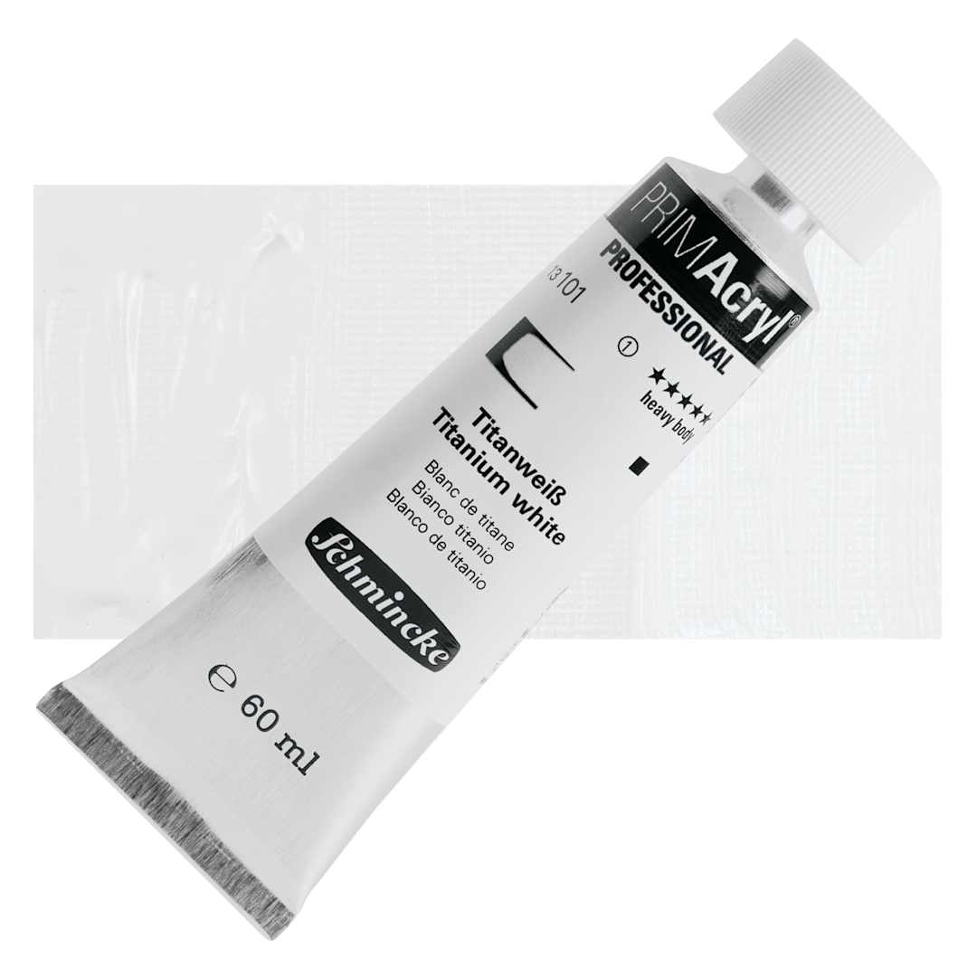 Open in modal - Schmincke Primacryl Professional Acrylic Paint - Titanium White, 60 ml Tube and swatch
