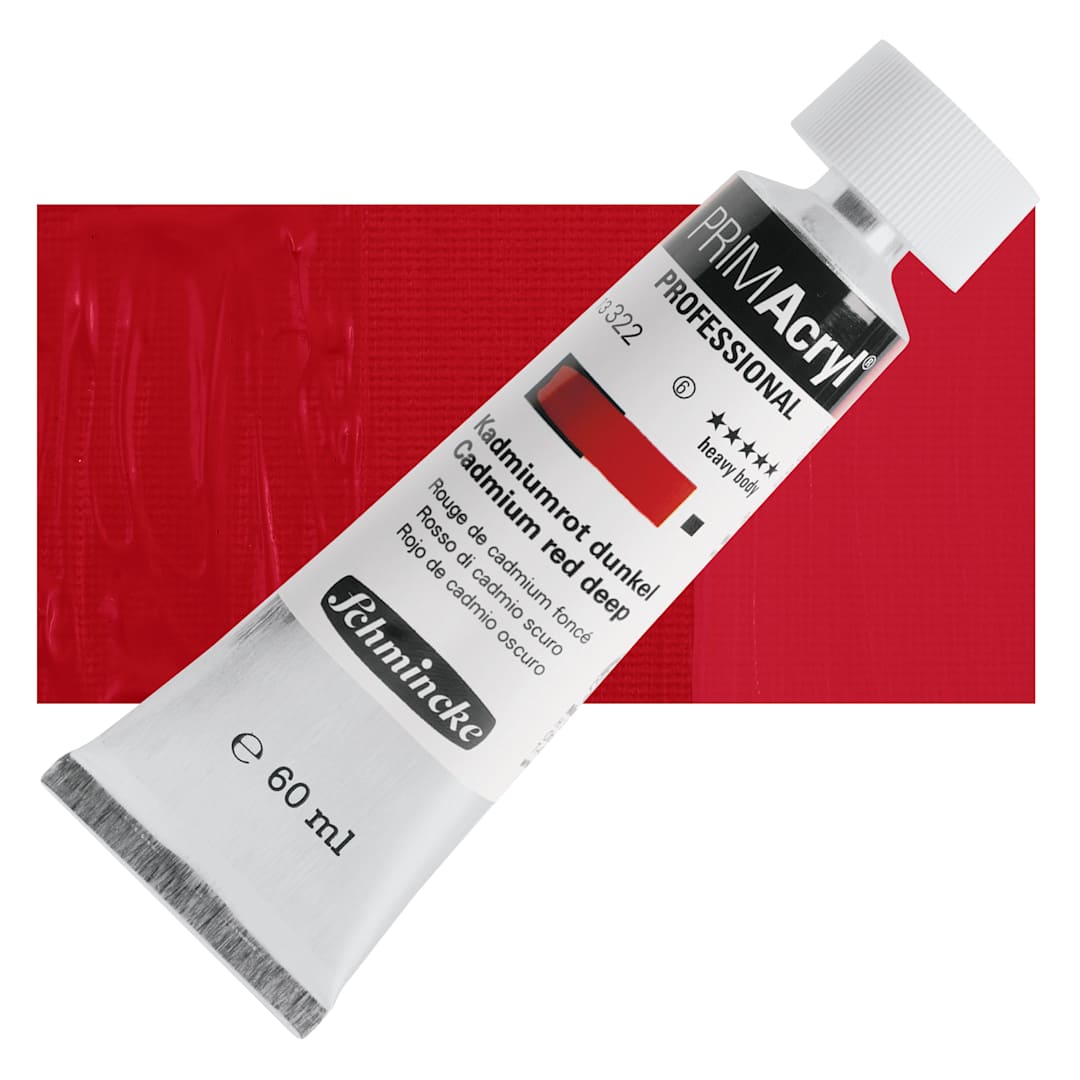 Open in modal - Schmincke Primacryl Professional Acrylic Paint - Cadmium Red Deep, 60 ml Tube and swatch
