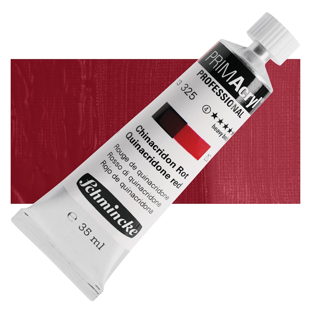 Open in modal - Schmincke Primacryl Professional Acrylic Paint - Quinacridone Red, 35 ml Tube and swatch