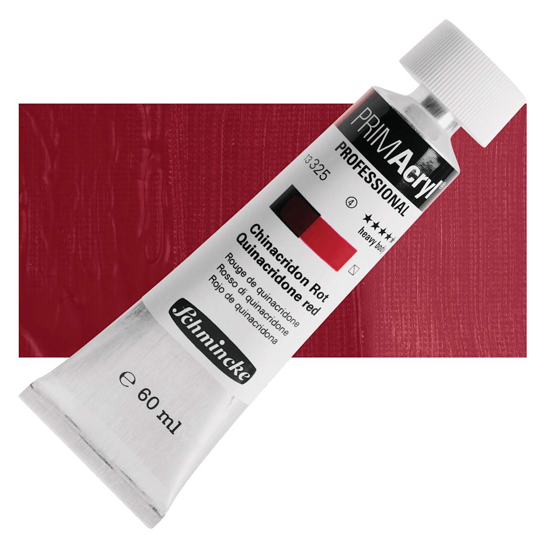 Open in modal - Schmincke Primacryl Professional Acrylic Paint - Quinacridone Red, 60 ml Tube and swatch