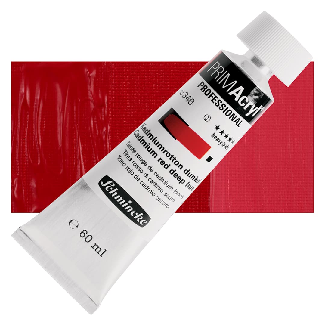 Open in modal - Schmincke Primacryl Professional Acrylic Paint - Cadmium Red Deep Hue, 60 ml Tube and swatch