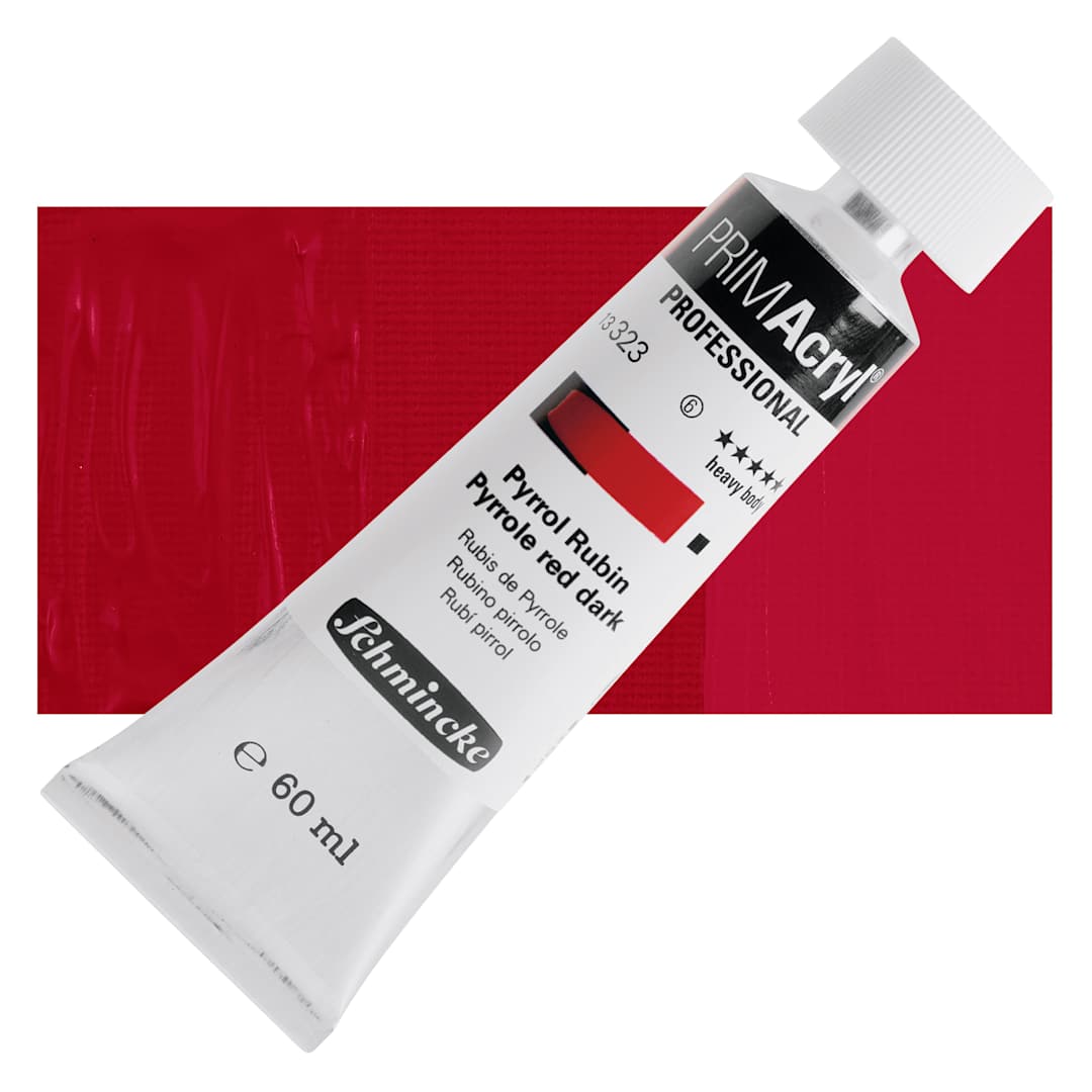 Open in modal - Schmincke Primacryl Professional Acrylic Paint - Pyrrole Red Dark, 60 ml Tube and swatch