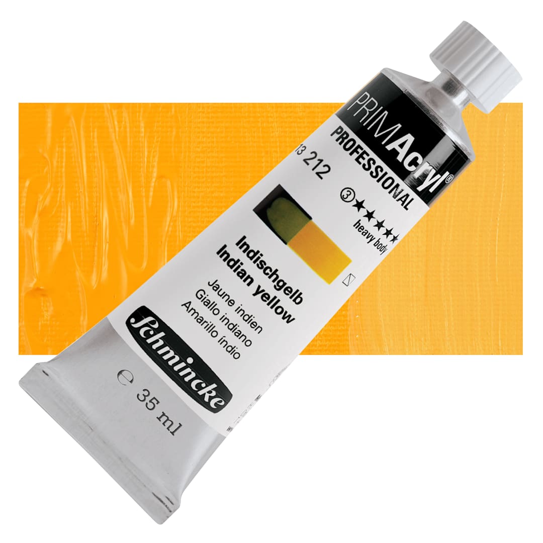 Open in modal - Schmincke Primacryl Professional Acrylic Paint - Indian Yellow, 35 ml Tube and swatch
