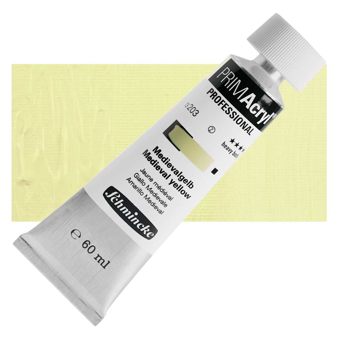 Open in modal - Schmincke Primacryl Professional Acrylic Paint - Medieval Yellow, 60 ml Tube and swatch