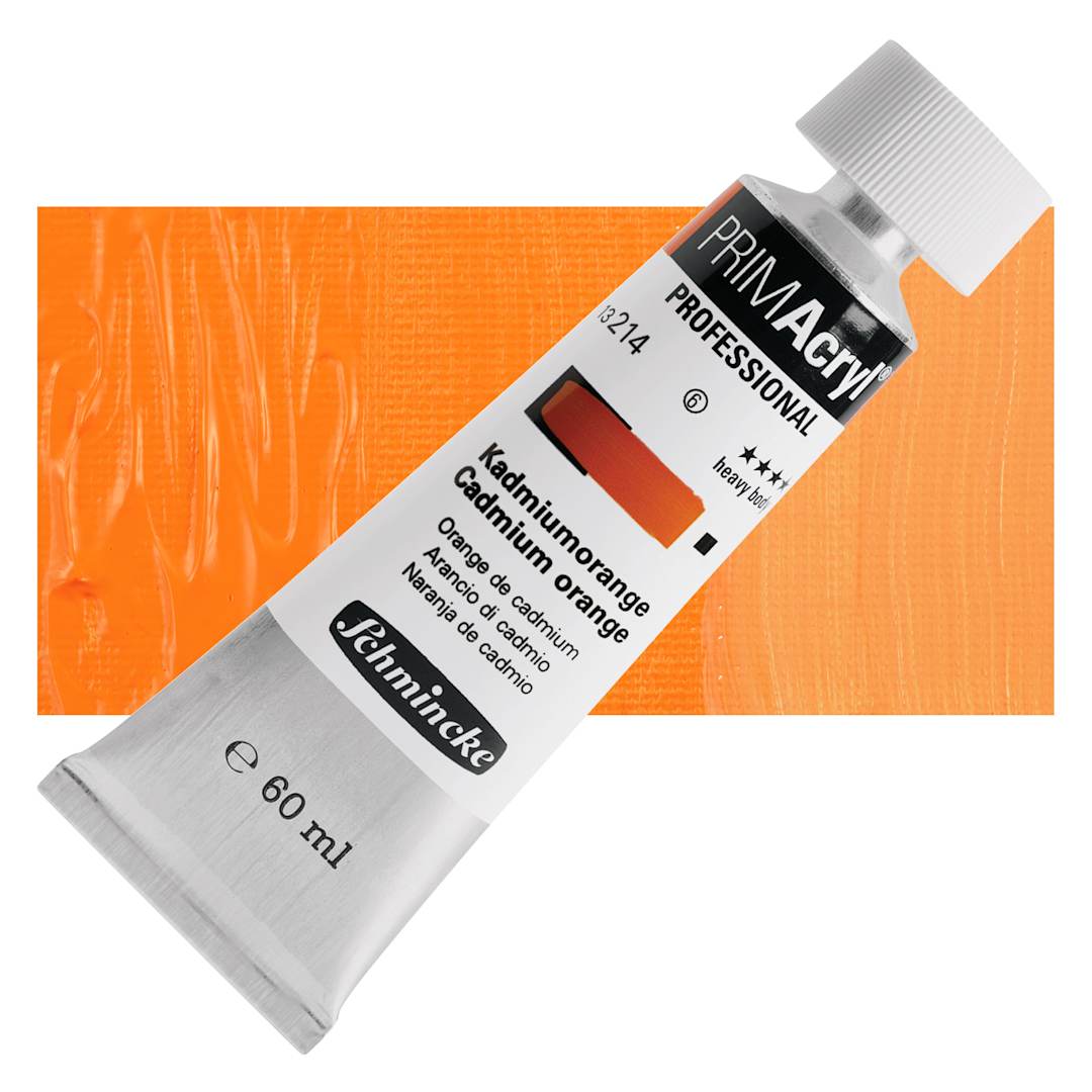 Open in modal - Schmincke Primacryl Professional Acrylic Paint - Cadmium Orange, 60 ml Tube and swatch