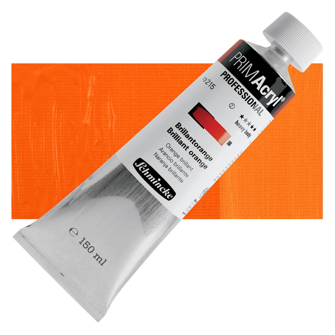 Open in modal - Schmincke Primacryl Professional Acrylic Paint - Brilliant Orange, 150 ml Tube and swatch
