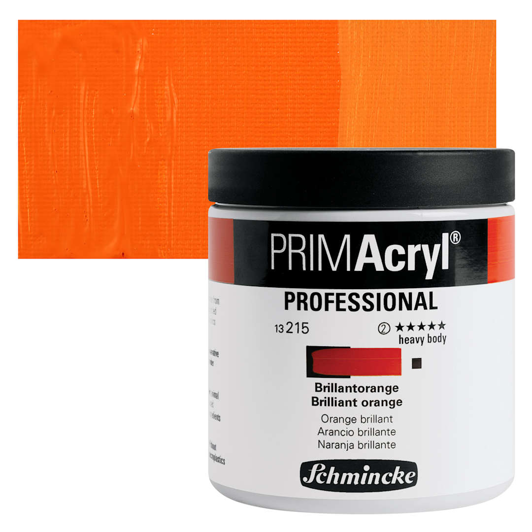 Open in modal - Schmincke Primacryl Professional Acrylic Paint - Brilliant Orange, 237 ml Jar and swatch