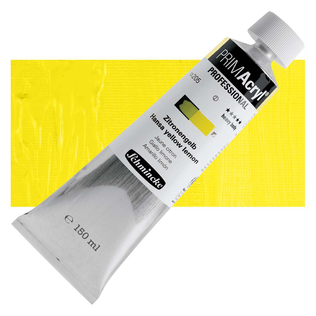 Open in modal - Schmincke Primacryl Professional Acrylic Paint - Hansa Yellow Lemon, 150 ml Tube and swatch
