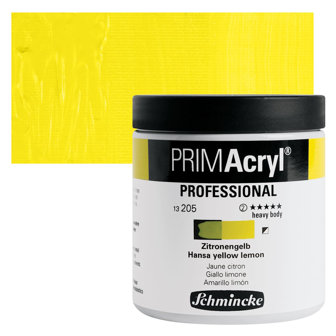 Open in modal - Schmincke Primacryl Professional Acrylic Paint - Hansa Yellow Lemon, 237 ml Jar and swatch
