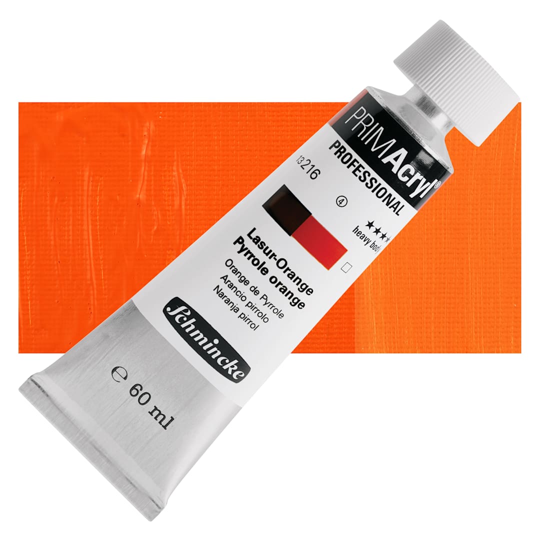 Open in modal - Schmincke Primacryl Professional Acrylic Paint - Pyrrole Orange, 60 ml Tube and swatch
