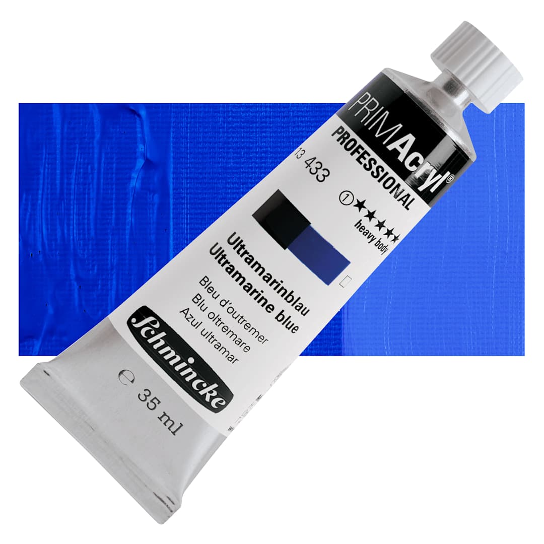 Open in modal - Schmincke Primacryl Professional Acrylic Paint - Ultramarine Blue, 35 ml Tube and swatch