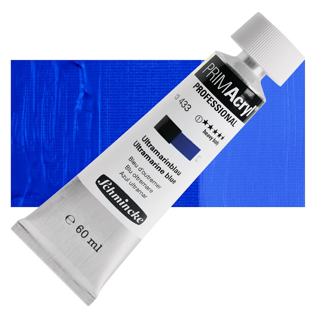 Open in modal - Schmincke Primacryl Professional Acrylic Paint - Ultramarine Blue, 60 ml Tube and swatch