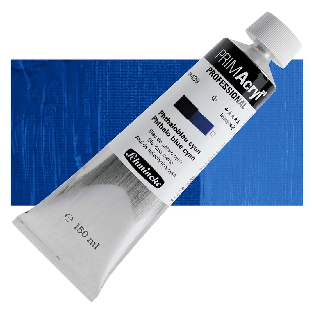 Open in modal - Schmincke Primacryl Professional Acrylic Paint - Phthalo Blue Cyan, 150 ml Tube and swatch