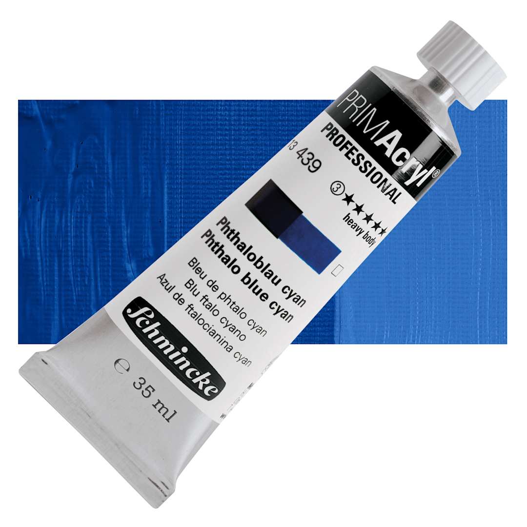 Open in modal - Schmincke Primacryl Professional Acrylic Paint - Phthalo Blue Cyan, 35 ml Tube and swatch