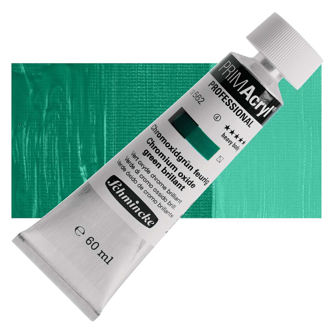 Open in modal - Schmincke Primacryl Professional Acrylic Paint - Chromium Oxide Green Brilliant, 60 ml Tube and swatch