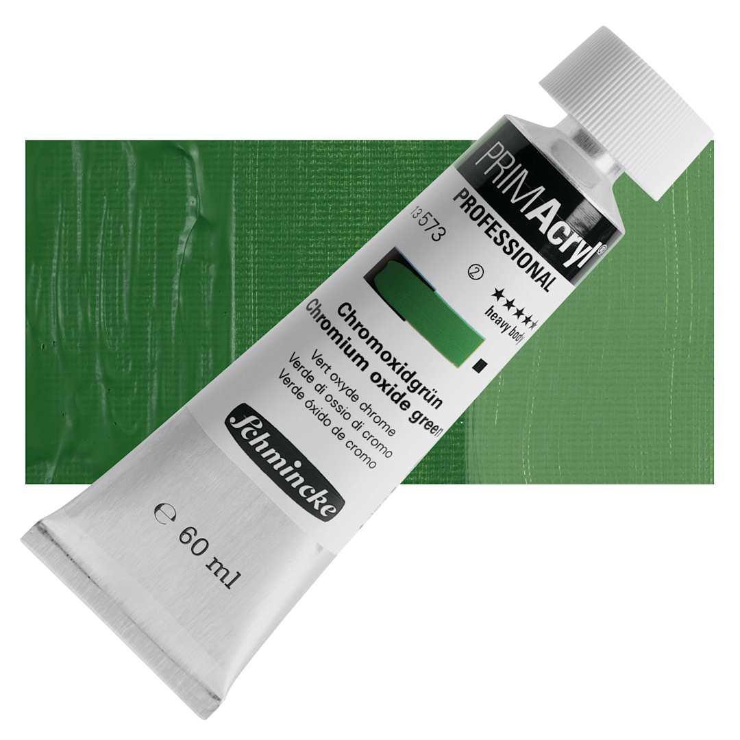 Open in modal - Schmincke Primacryl Professional Acrylic Paint - Chromium Oxide Green, 60 ml Tube and swatch