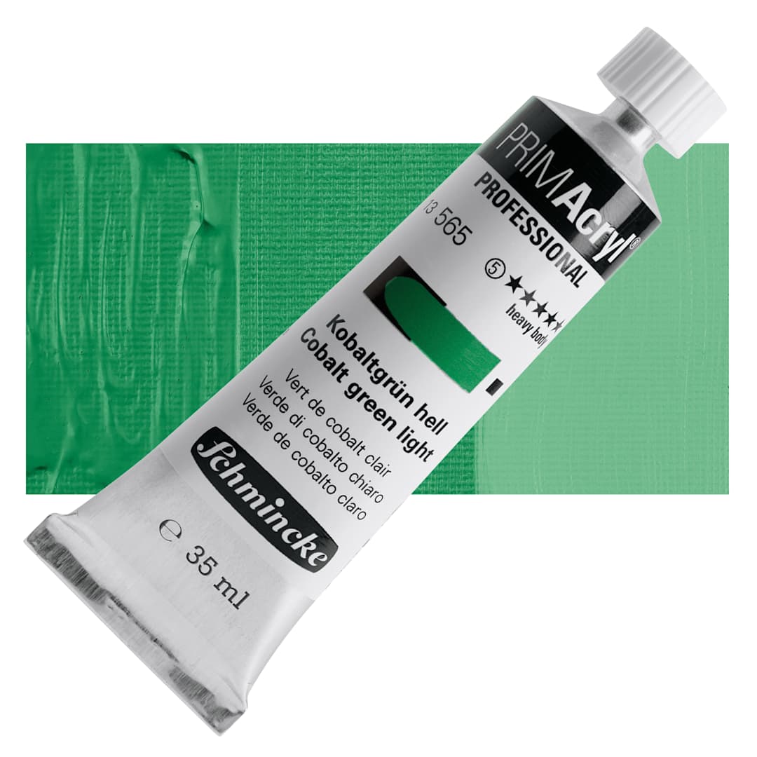 Open in modal - Schmincke Primacryl Professional Acrylic Paint - Cobalt Green Light, 35 ml Tube and swatch