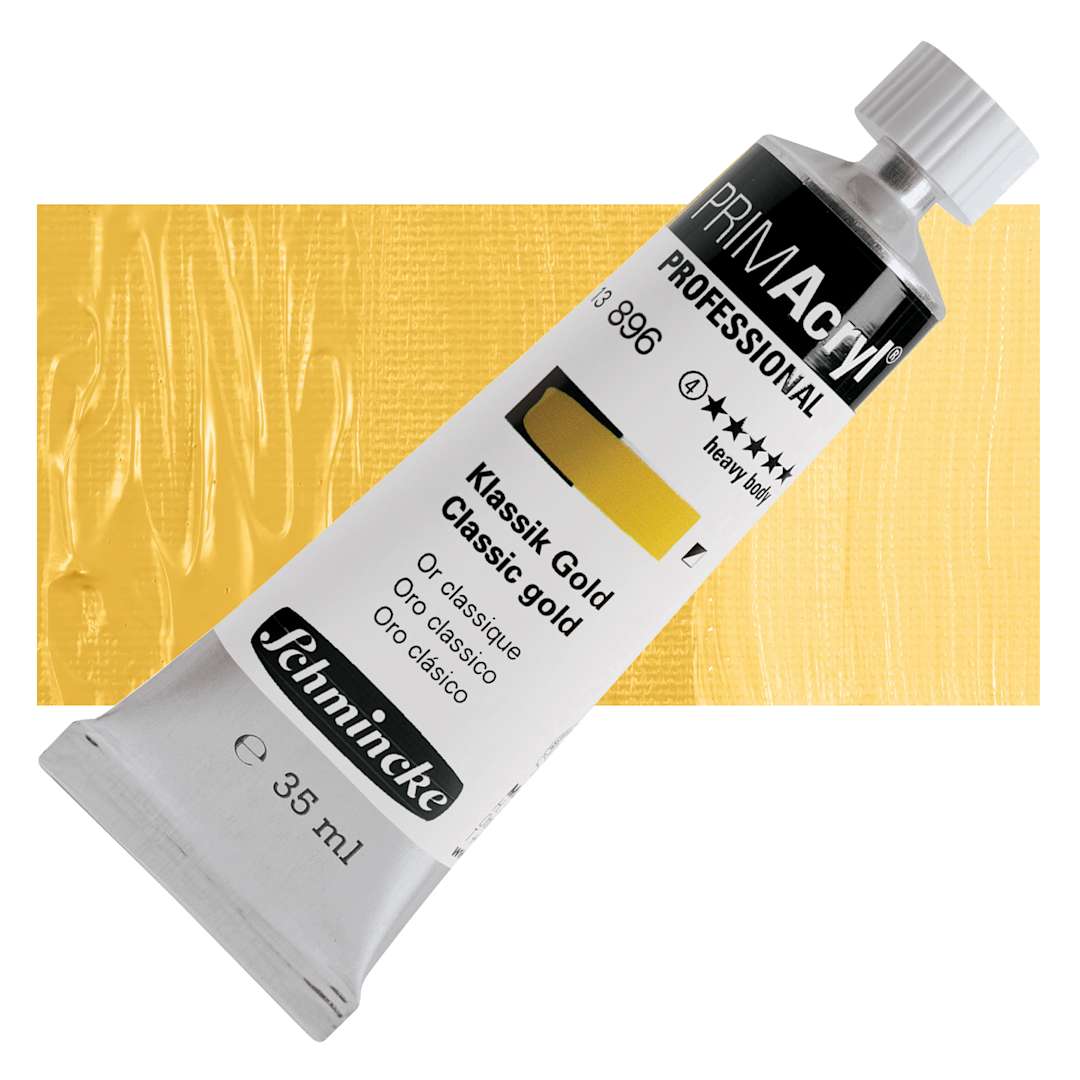 Open in modal - Schmincke Primacryl Professional Acrylic Paint - Classic Gold, 35 ml Tube and swatch