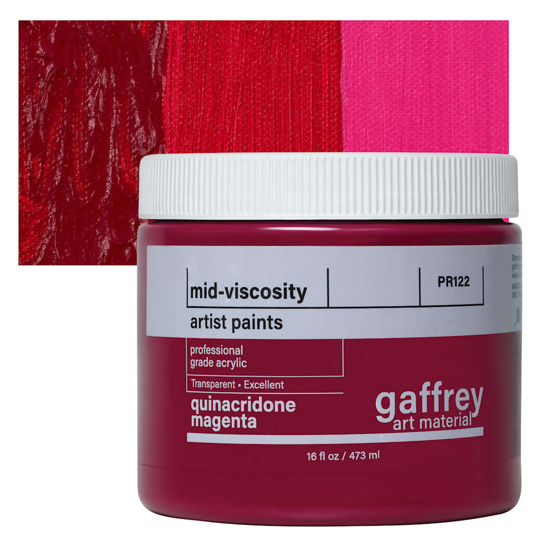 Open in modal - Gaffrey Art Material Standard Body Acrylic Paint - Quinacridone Magenta, 473 ml jar and swatch