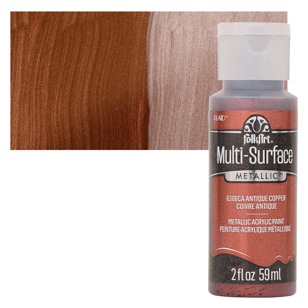 Open in modal - FolkArt Multi-Surface Metallic Acrylic Paint - Antique Copper, 59 ml - bottle and swatch