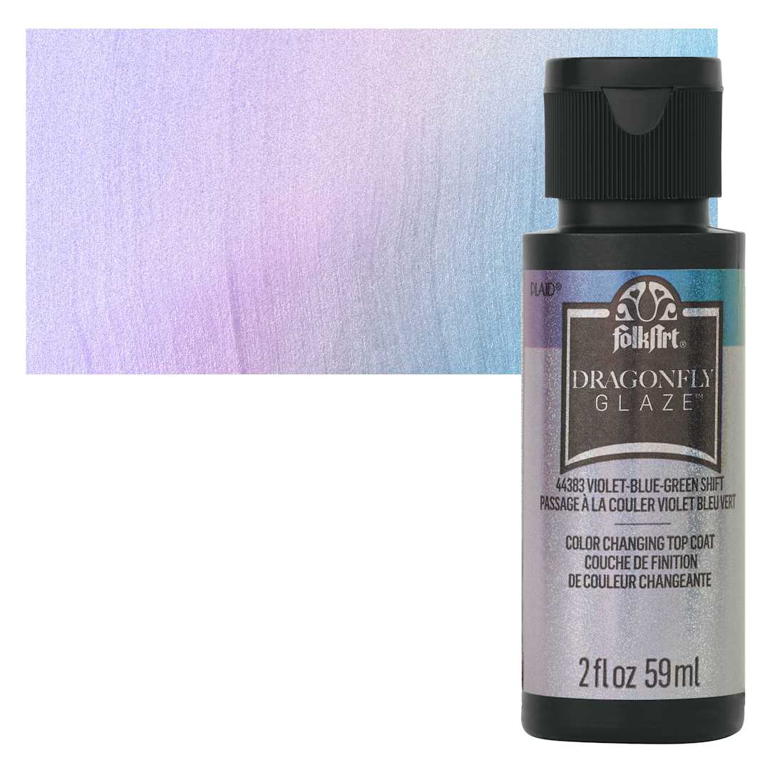 Open in modal - FolkArt Dragonfly Iridescent Acrylic Top Coat Glaze - Violet Blue Green, 59 ml bottle and swatch