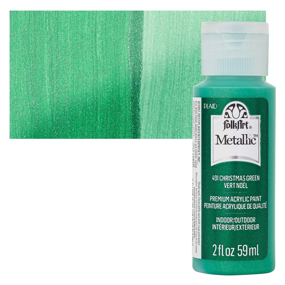 Open in modal - FolkArt Metallic Acrylic Paint - Christmas Green, 59 ml bottle and swatch