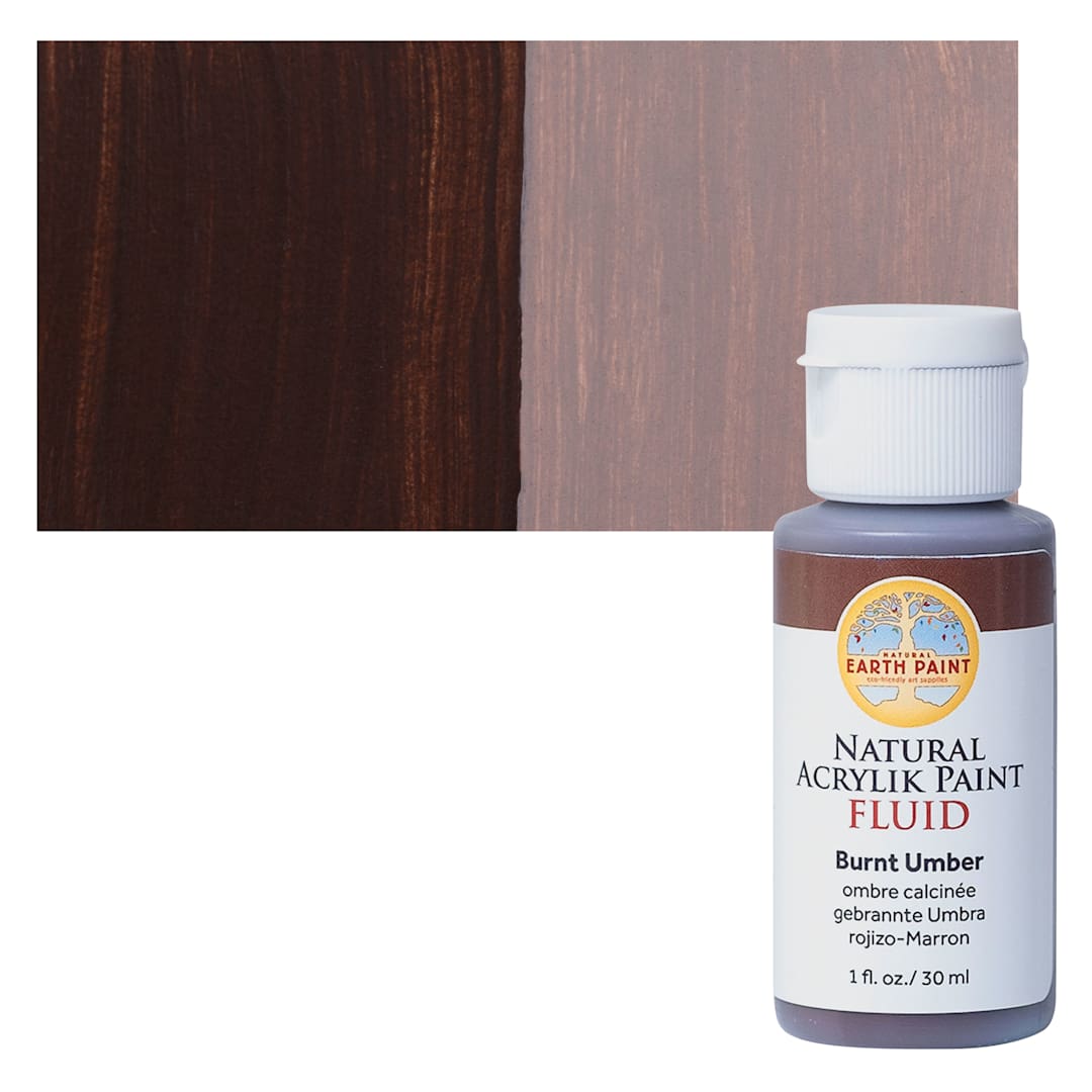 Open in modal - Natural Earth Paint Natural Fluid Acrylik Paint - Burnt Umber,  30 ml bottle and swatch