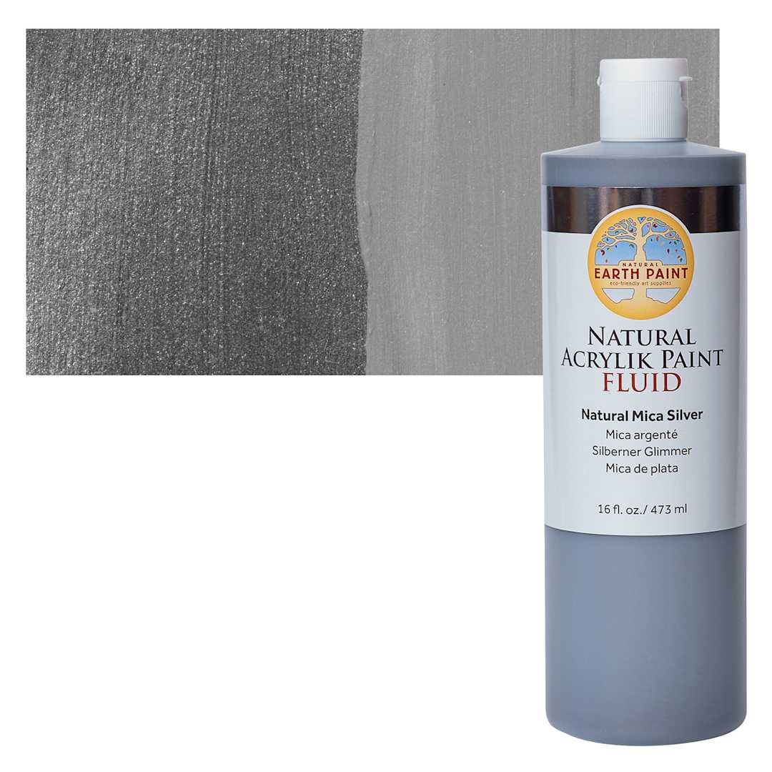 Open in modal - Natural Earth Paint Natural Fluid Acrylik Paint - Silver Mica, 473 ml Bottle and Swatch