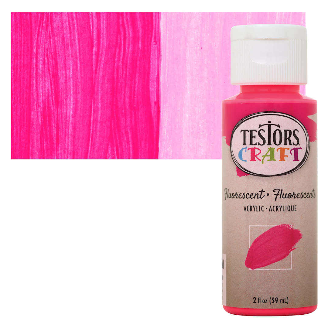 Open in modal - Testors Craft Acrylic Paint - Fluorescent Pink, 2 oz Bottle and swatch