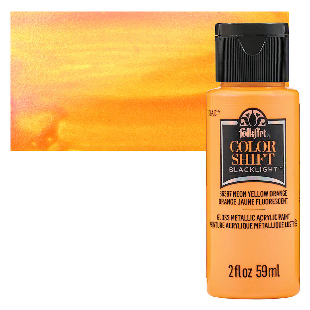 Open in modal - FolkArt Colorshift Blacklight Acrylic Paint - Yellow Orange, 2 oz bottle and swatch