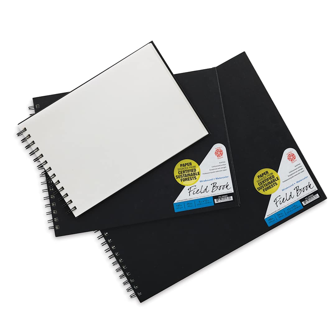 Open in modal - Pentalic Watercolor Field Books - Top view of 3 sizes of books shown, with one open