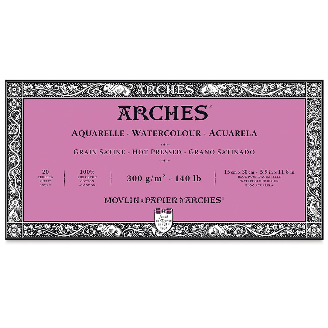 Open in modal - Arches Watercolor Block - 5.9" x 11.8", Hot Press, 140 lb, 20 sheets