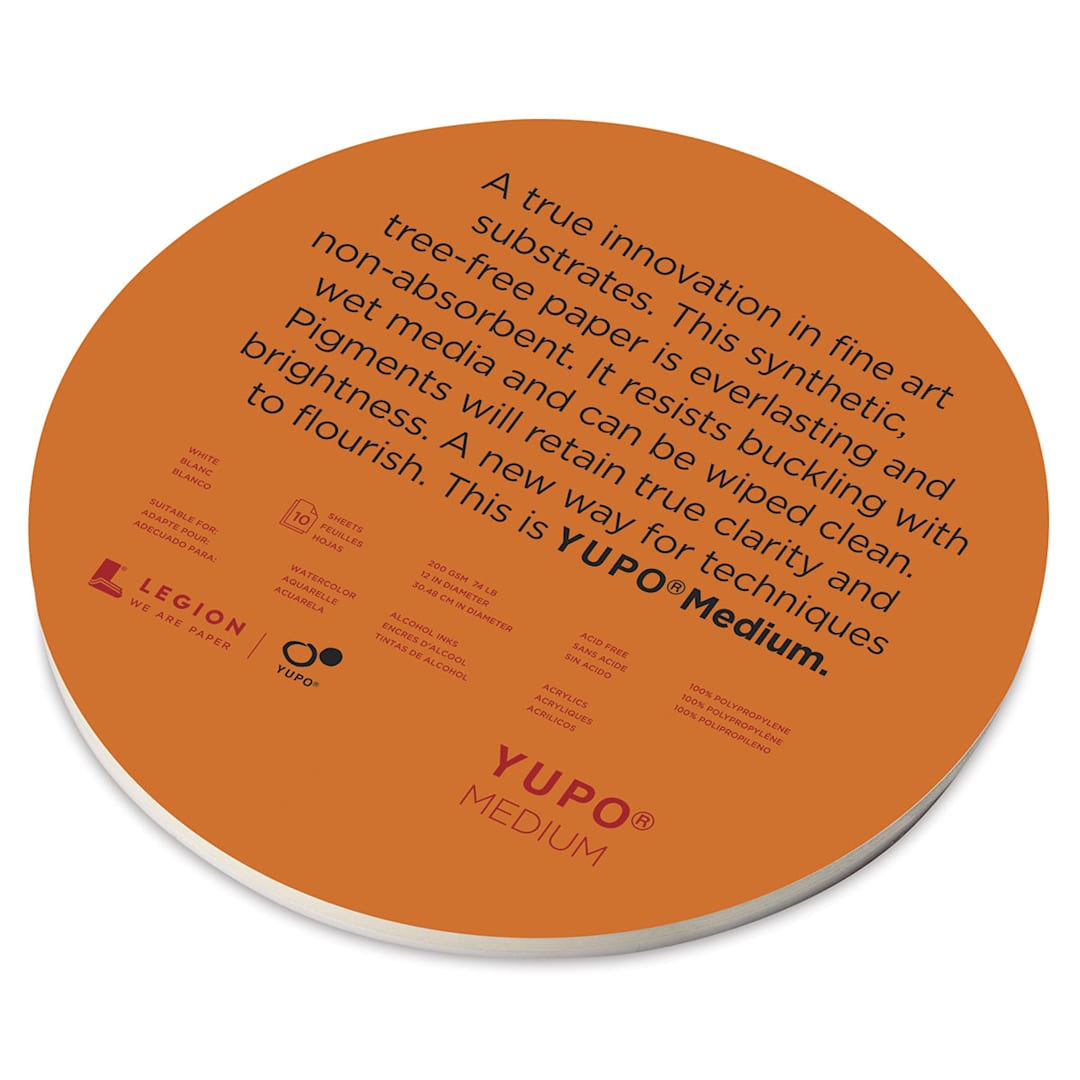 Open in modal - Legion Yupo Round Synthetic Paper - Angled view of 12" 10 sheet package
