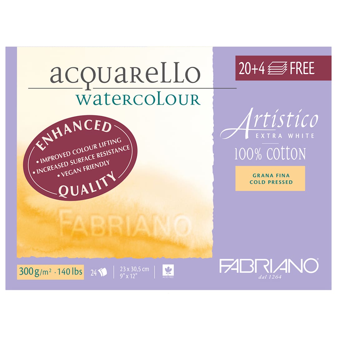 Open in modal - Fabriano Artistico Watercolor Paper, 9 x 12 in, Extra-White, Acid-Free, Cotton, 4 Free Sheets Included