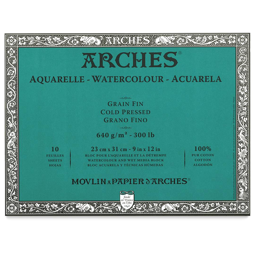 Open in modal - Arches Watercolor Blocks - 9" x 12", Cold Press, 300 lb (640 gsm), 10 sheets. Teal cover.