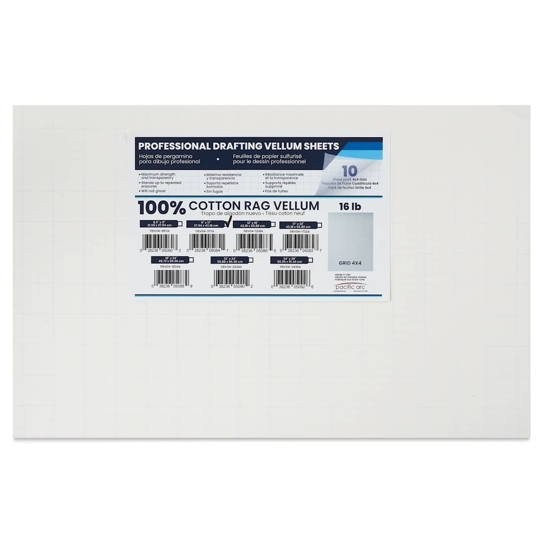 Open in modal - Pacific Arc Gridded Drafting Vellum Pack - 4 x 4 Grid, 11" x 17". Pkg of 10, packaging