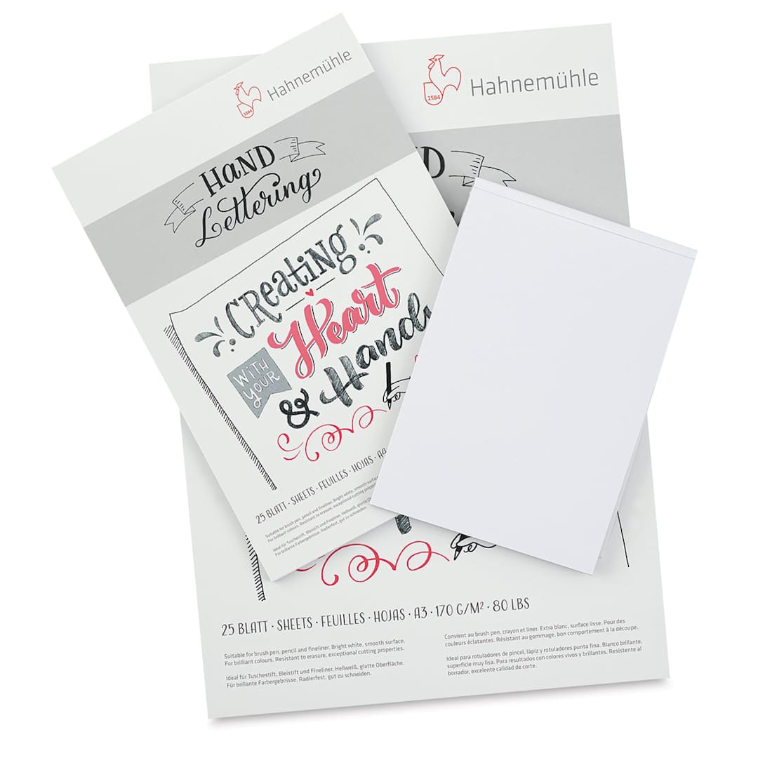 Open in modal - Hahnemühle Hand Lettering Pads - 3 sizes of pads shown stacked loosely
