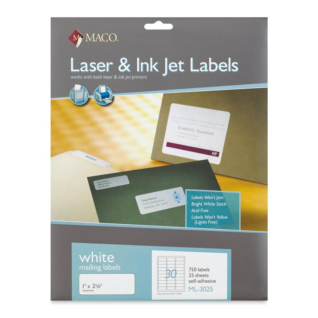 Open in modal - Maco Laser/Ink Jet White Multi-Purpose Labels - Front of package of 750 Small Address Labels
