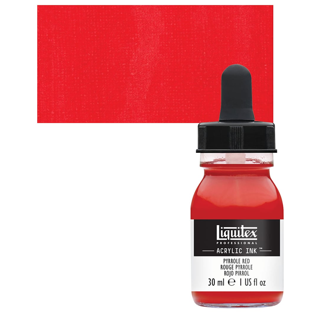 Open in modal - Liquitex Professional Acrylic Ink - Pyrrole Red bottle and swatch