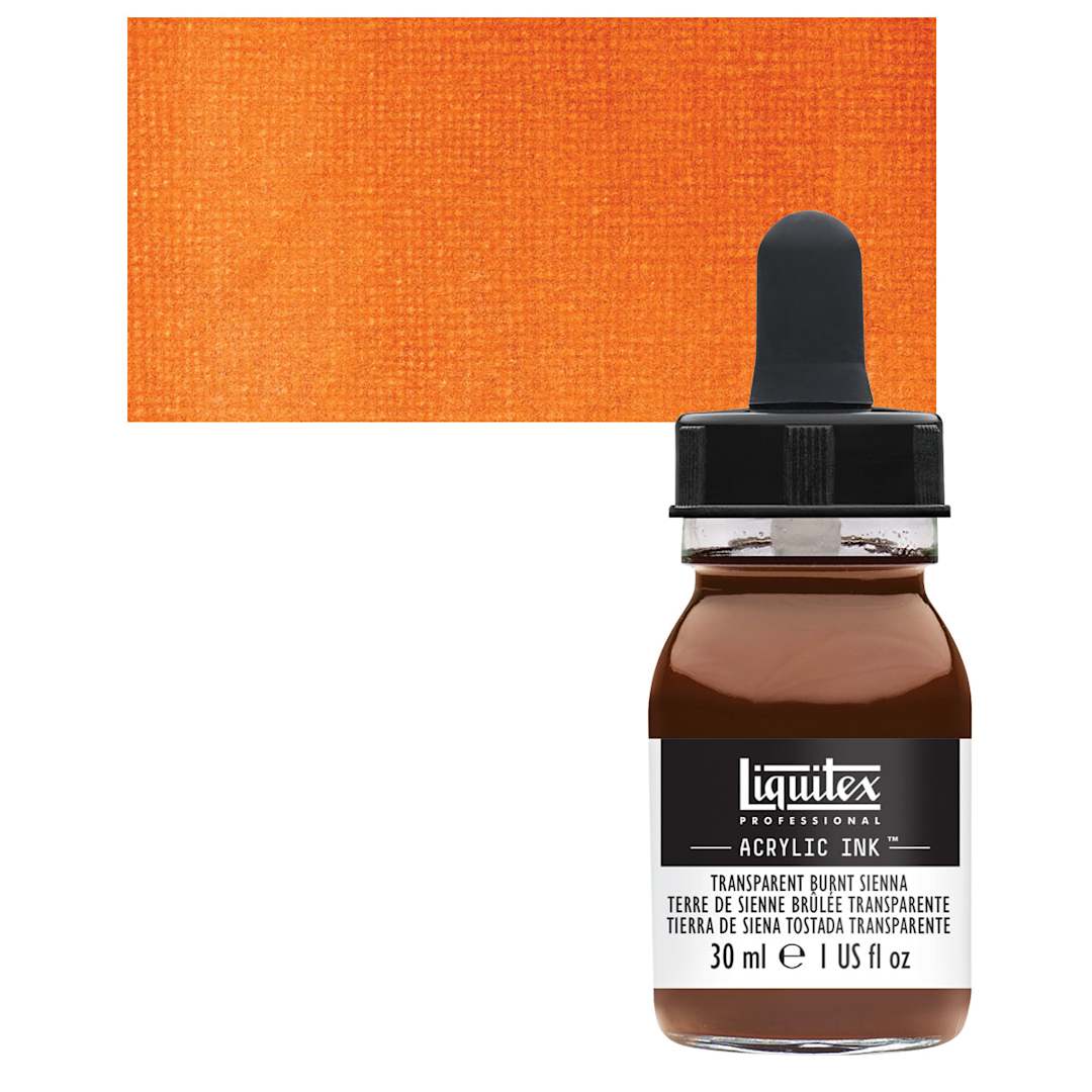 Open in modal - Liquitex Professional Acrylic Ink - Transparent Burnt Sienna bottle and swatch