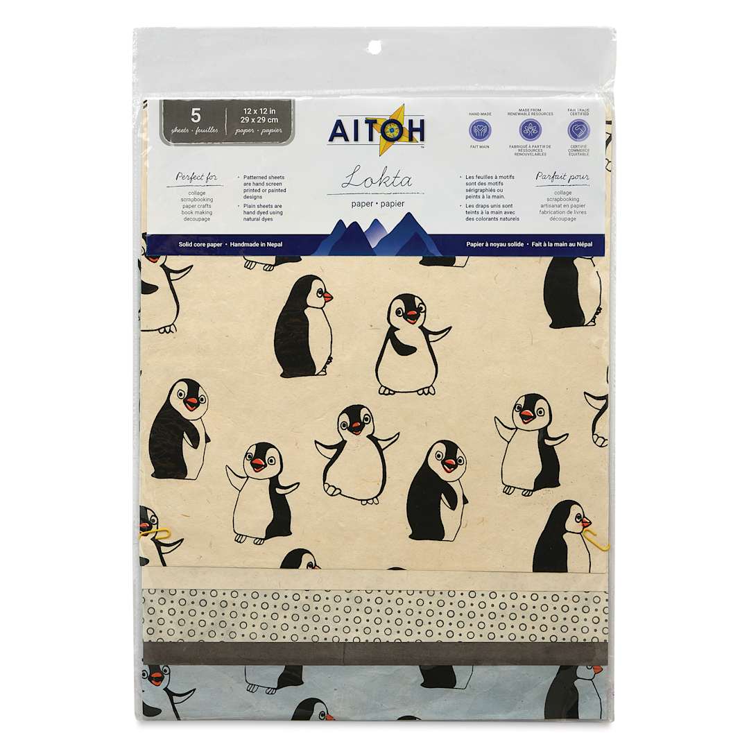 Open in modal - Aitoh Decorative Lokta Paper Pack - Penguins, 12" x 12", Pkg of 5, front of packaging