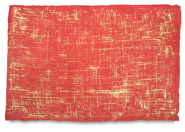 Open in modal - Screenprinted Nepalese Lokta Paper - Full sheet of Gold brushed Regal Red paper
