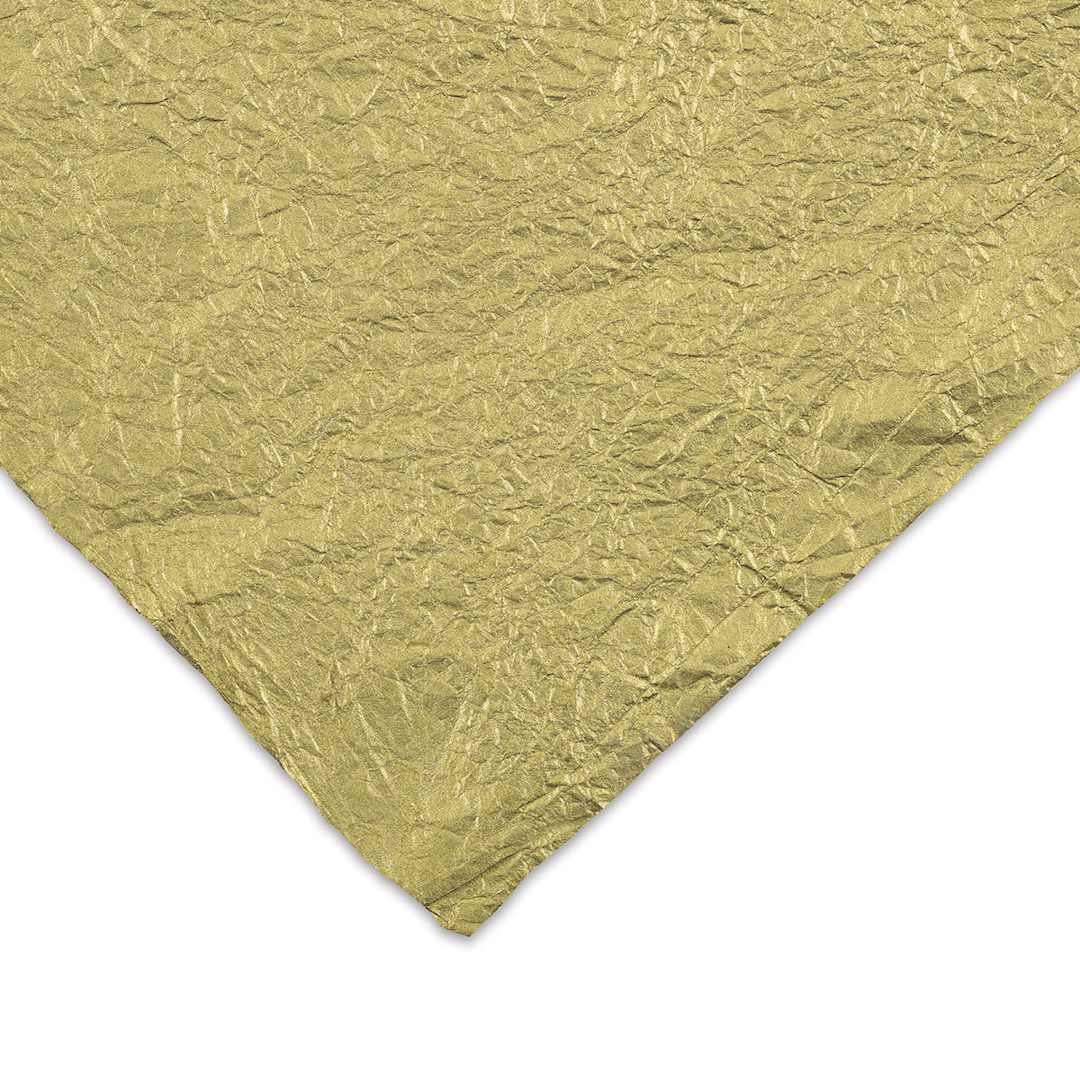 Open in modal - Black Ink Thai Soft Metallic Momigami Paper - Closeup of corner of Gold paper showing color, texture