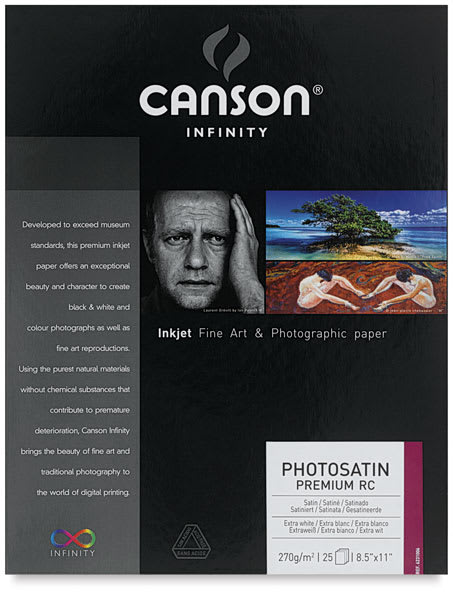 Open in modal - Canson Infinity PhotoSatin Premium Resin Coated Inkjet Paper - Front of package of 25 Sheets