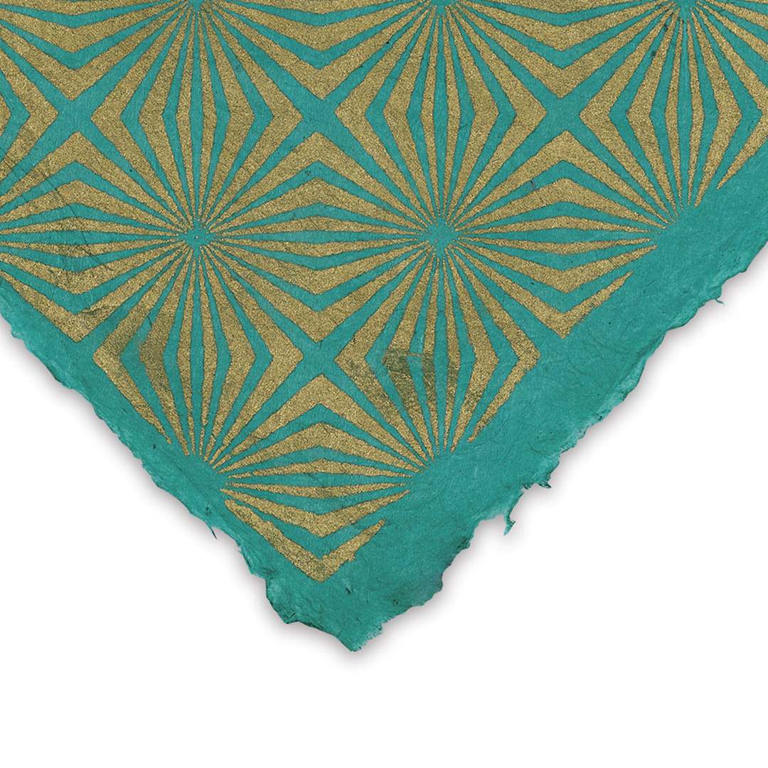 Open in modal - Lokta Paper - Starburst Print, Gold on Green, 20'' x 30''