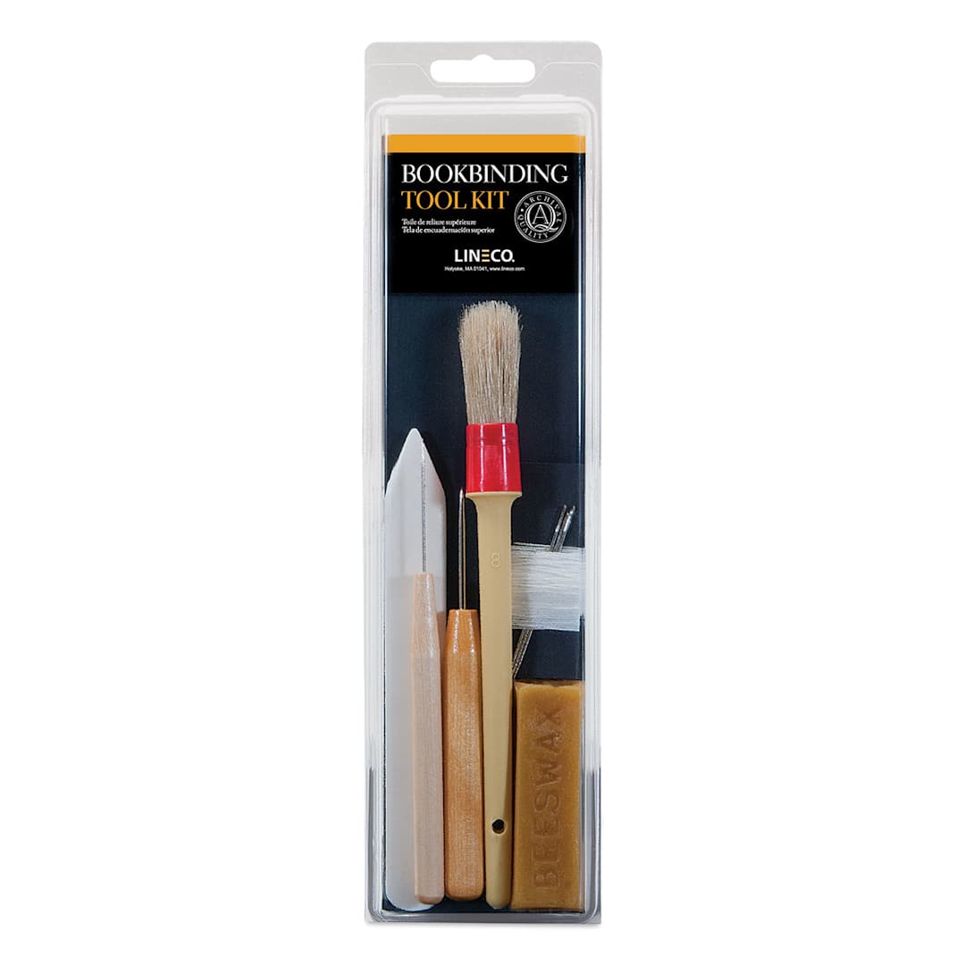 Open in modal - Lineco Bookbinding Tool Kit - Front of package showing components of Kit