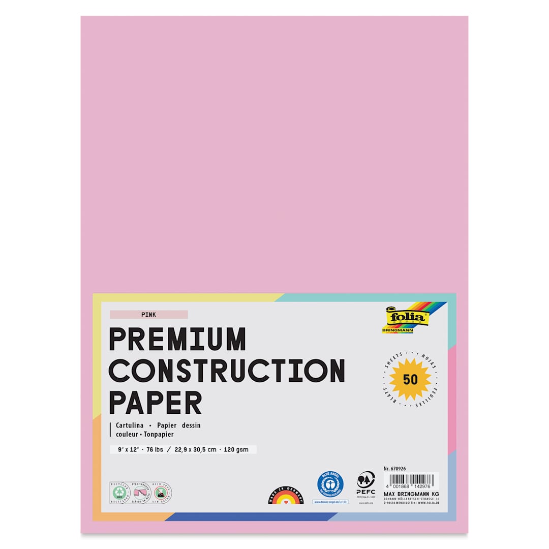 Open in modal - Folia Premium Construction Paper - Pkg of 50, Pink, 9" x 12", front of packaging