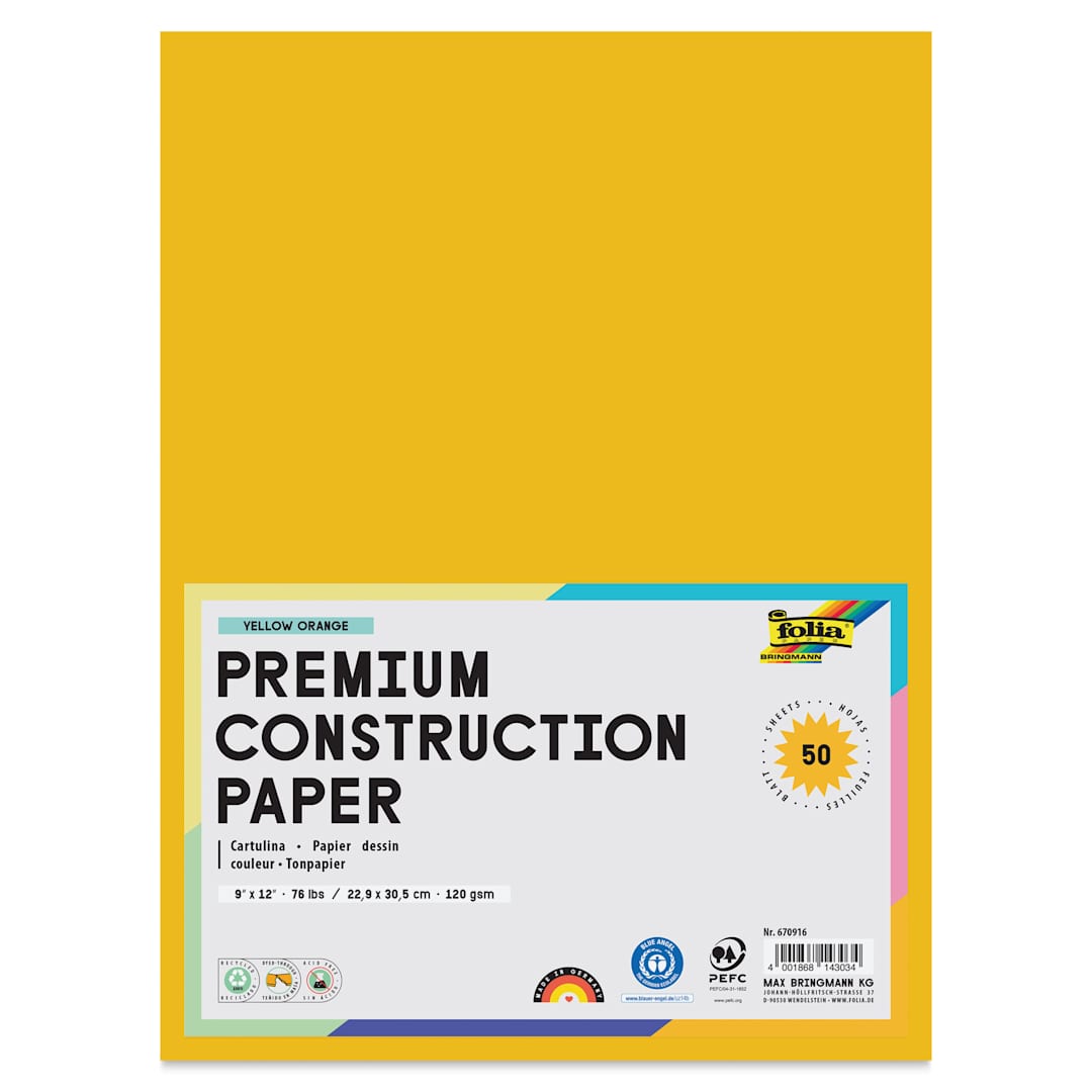 Open in modal - Folia Premium Construction Paper - Pkg of 50, Yellow Orange, 9" x 12", front of packaging