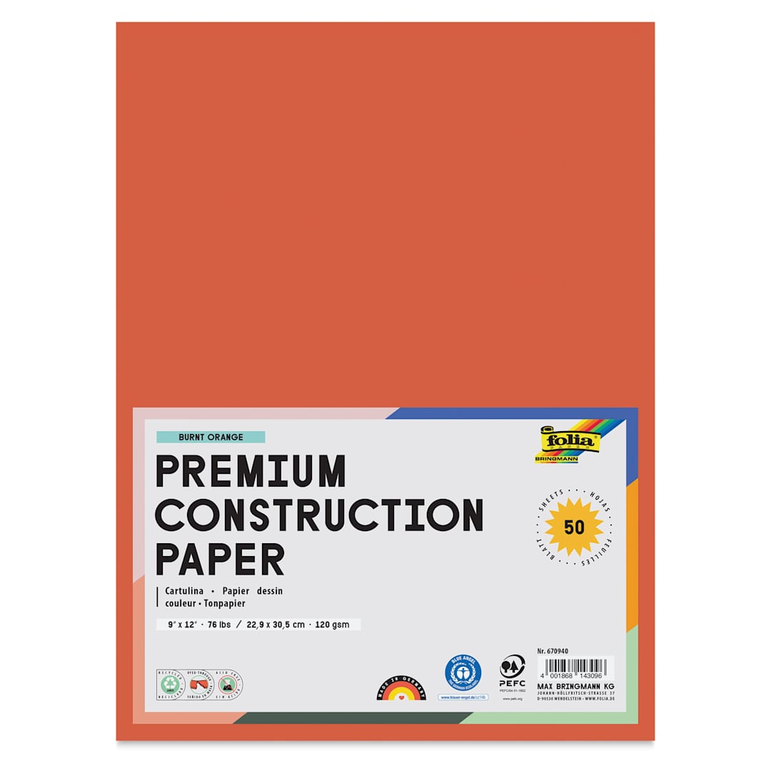 Open in modal - Folia Premium Construction Paper - Pkg of 50, Burnt Orange, 9" x 12", front of packaging