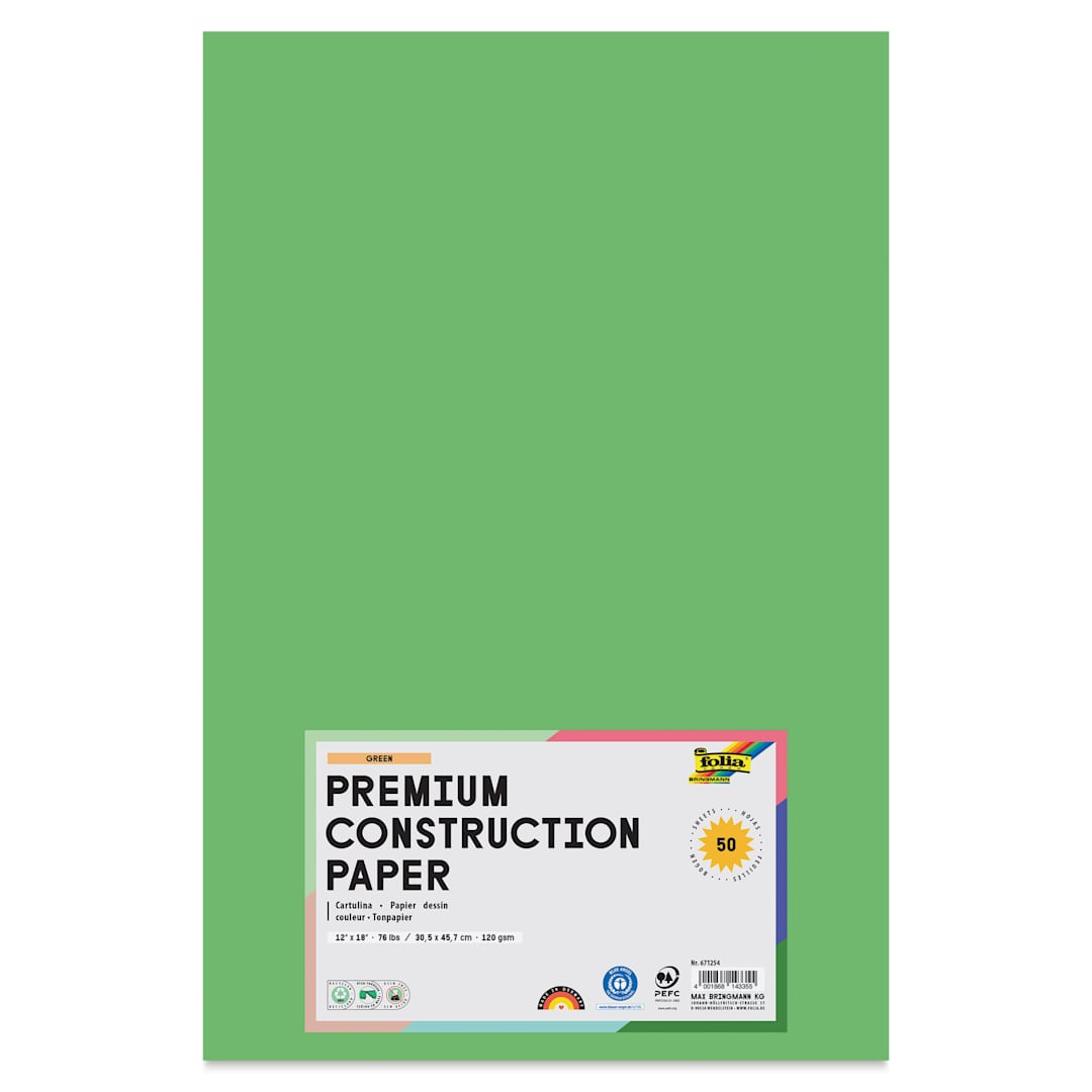 Open in modal - Folia Premium Construction Paper - Pkg of 50, Holiday Green, 12" x 18", front of packaging